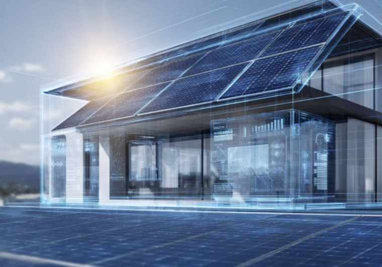 Futuristic smart home with rooftop solar panels and digital interface, harnessing solar energy for sustainable living in a modern residential setting