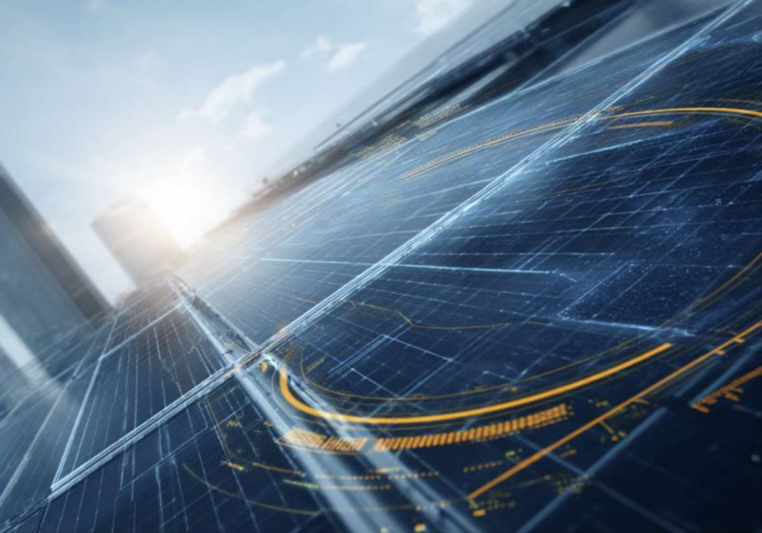 Close-up of futuristic solar panels with digital energy data overlay, capturing sunlight in a modern cityscape for advanced renewable power generation
