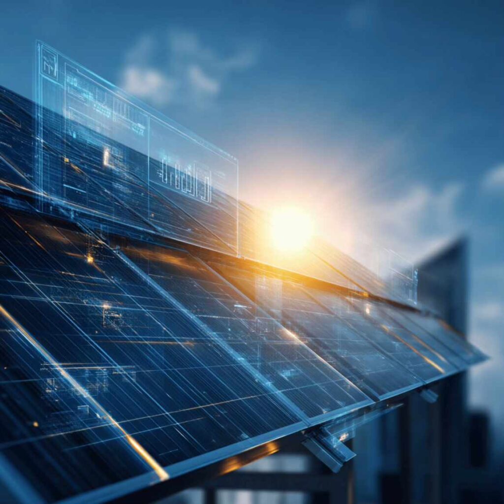 Close-up of modern solar panels with digital energy interface overlay, capturing sunlight at sunrise for efficient renewable energy generation in an urban environment