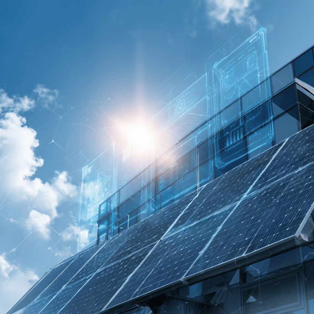 Modern building with rooftop solar panels and digital energy interface under a bright sun and blue sky, showcasing smart renewable energy integration