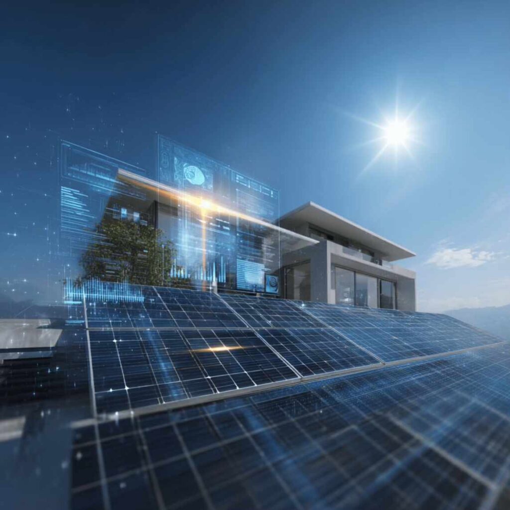 Modern building with rooftop solar panels and digital energy interface under a bright sun and blue sky, showcasing smart renewable energy integration